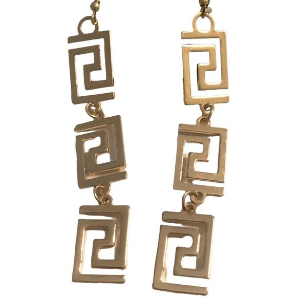 Greek Key Alloy Gold Plated Dangle Drop Earrings - Picture 4 of 9